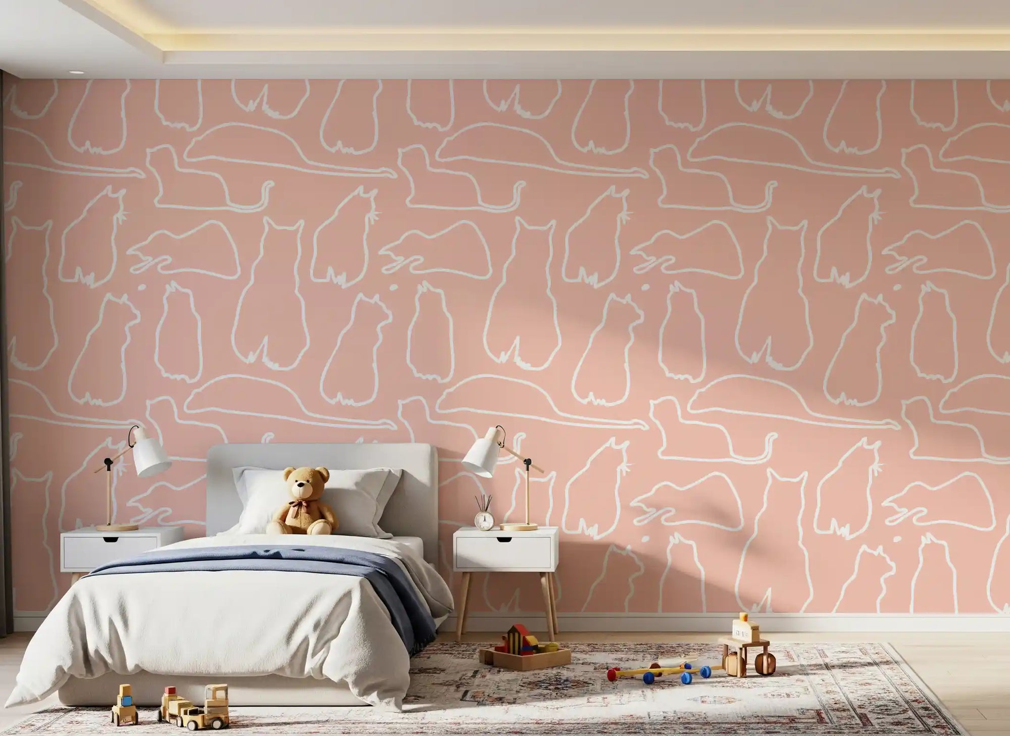 Blush pink cat wallpaper with white feline outlines in bedroom GD11482