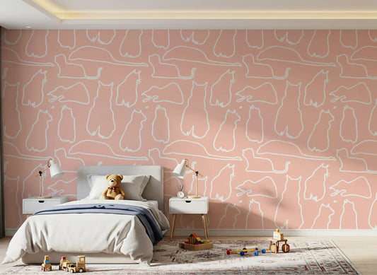 Blush pink cat wallpaper with white feline outlines in bedroom GD11482