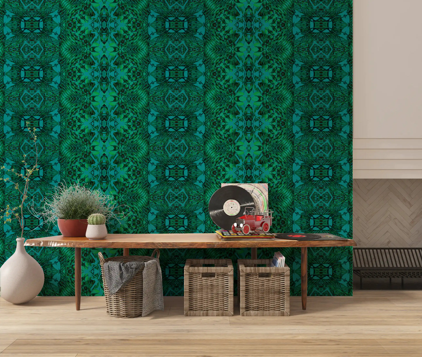 Emerald Green Geometric Lattice Wallpaper