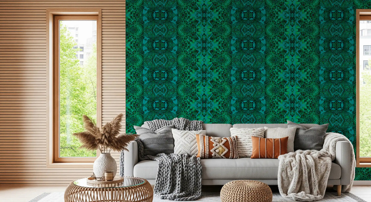 Emerald green botanical baroque wallpaper with mirrored leaf clusters in teal and forest tones GD11483