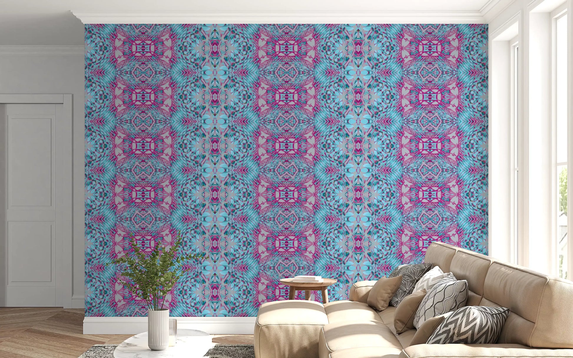 Magenta & Turquoise Abstract Ornamental Lattice Wallpaper