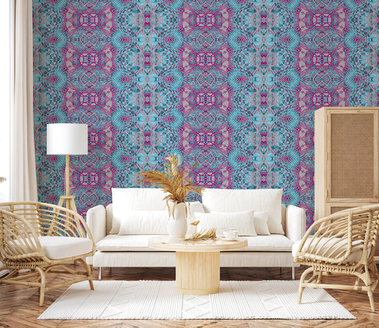 Fuchsia and turquoise contemporary baroque wallpaper with mirrored vertical bands on grey GD11484