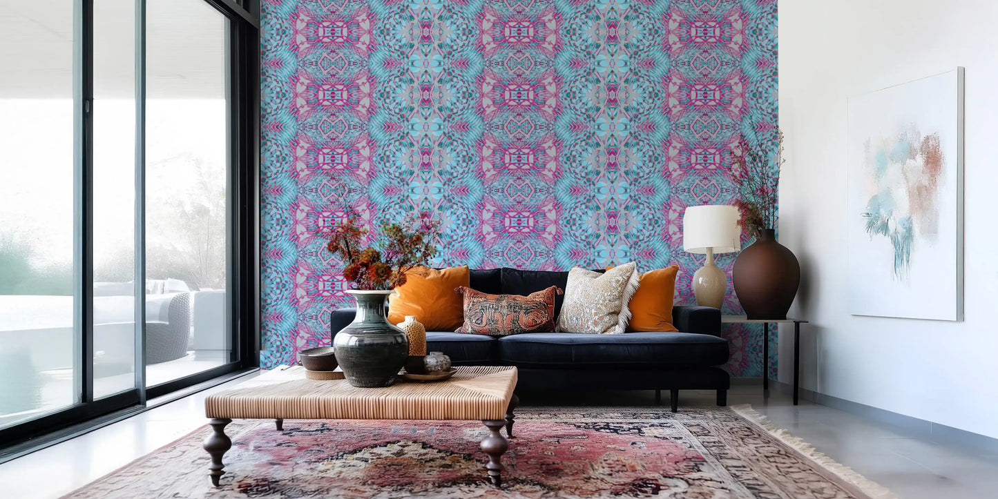 Magenta & Turquoise Abstract Ornamental Lattice Wallpaper