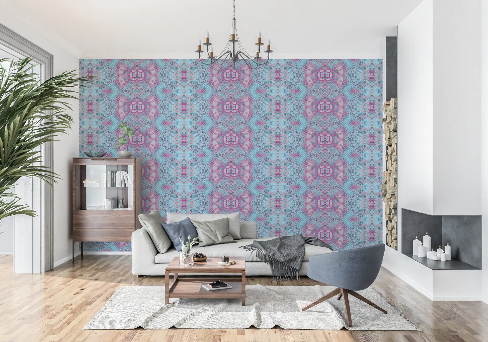 Magenta & Turquoise Abstract Ornamental Lattice Wallpaper