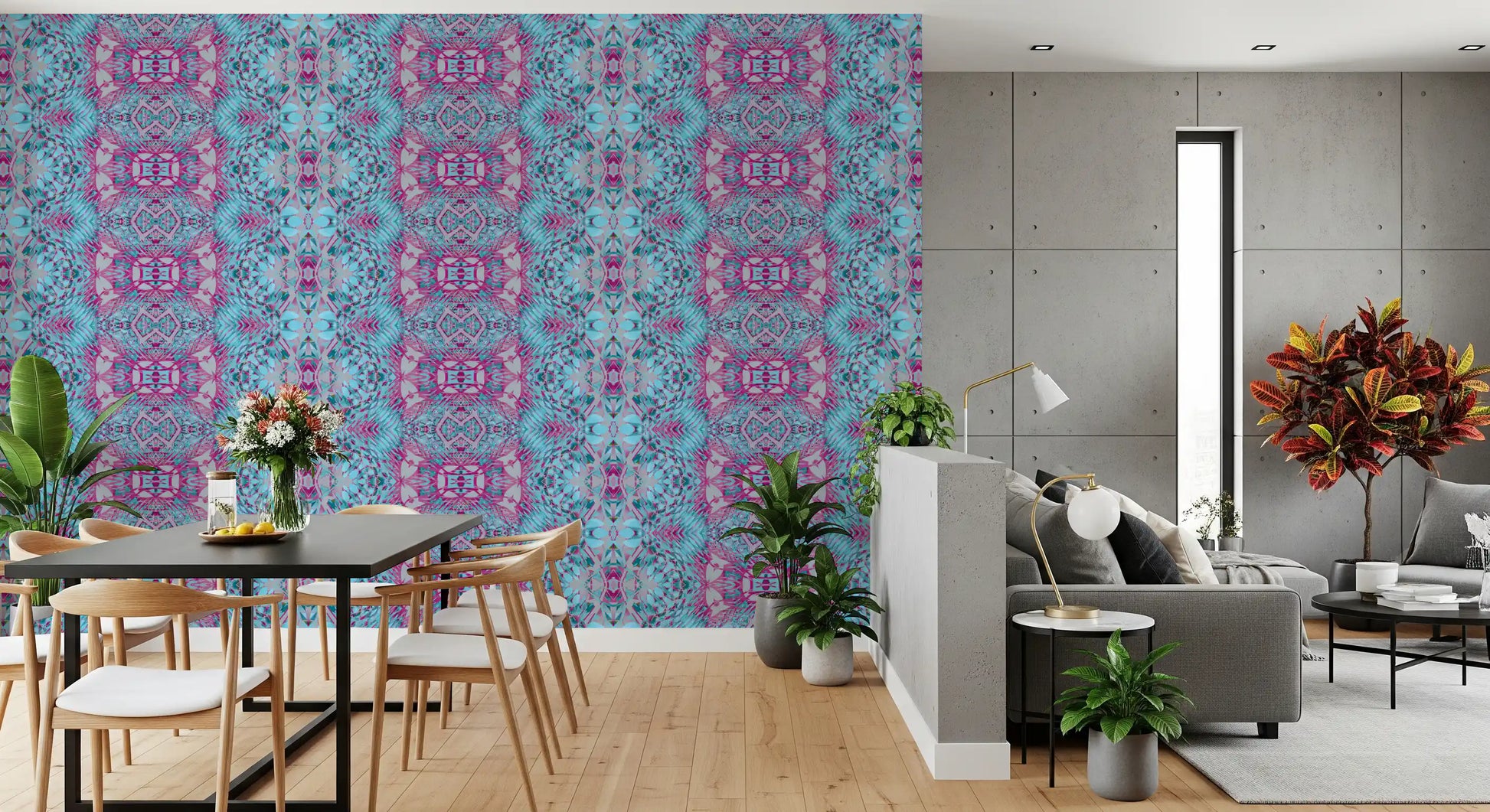 Magenta & Turquoise Abstract Ornamental Lattice Wallpaper