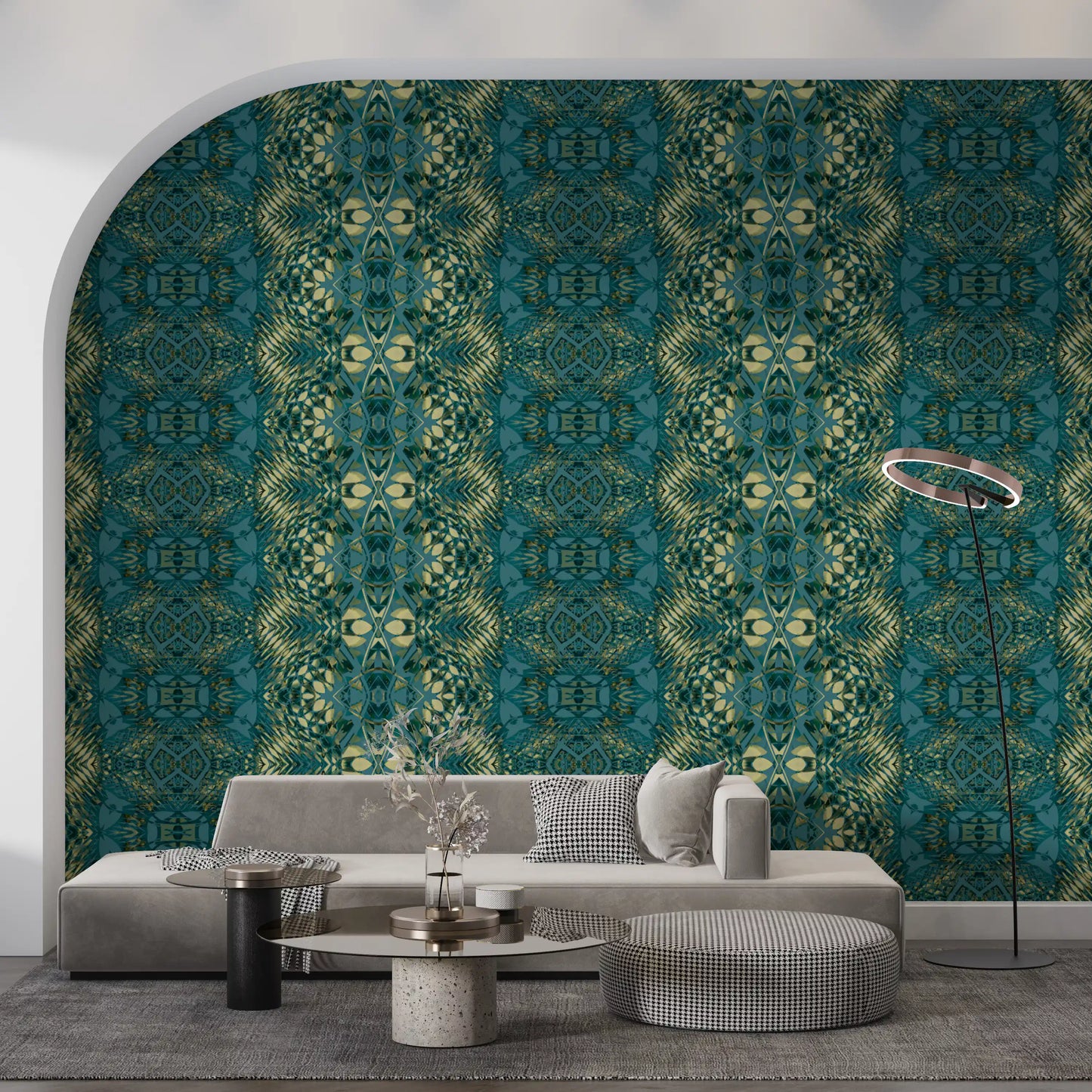 Abstract Ornamental Geometric Teal & Pale Yellow Lattice Wallpaper