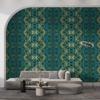 Abstract Ornamental Geometric Teal & Pale Yellow Lattice Wallpaper
