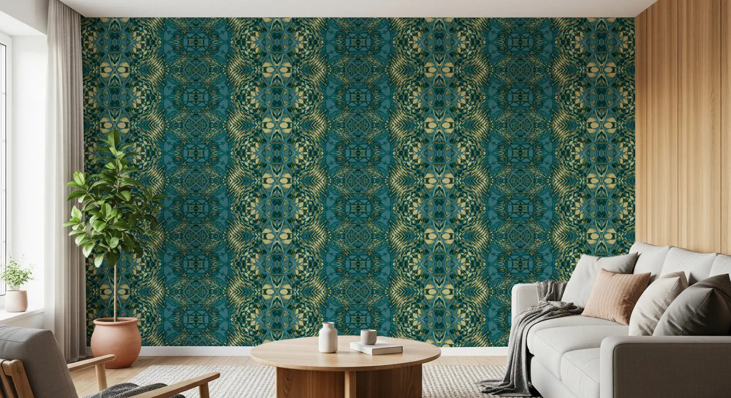 Abstract Ornamental Geometric Teal & Pale Yellow Lattice Wallpaper