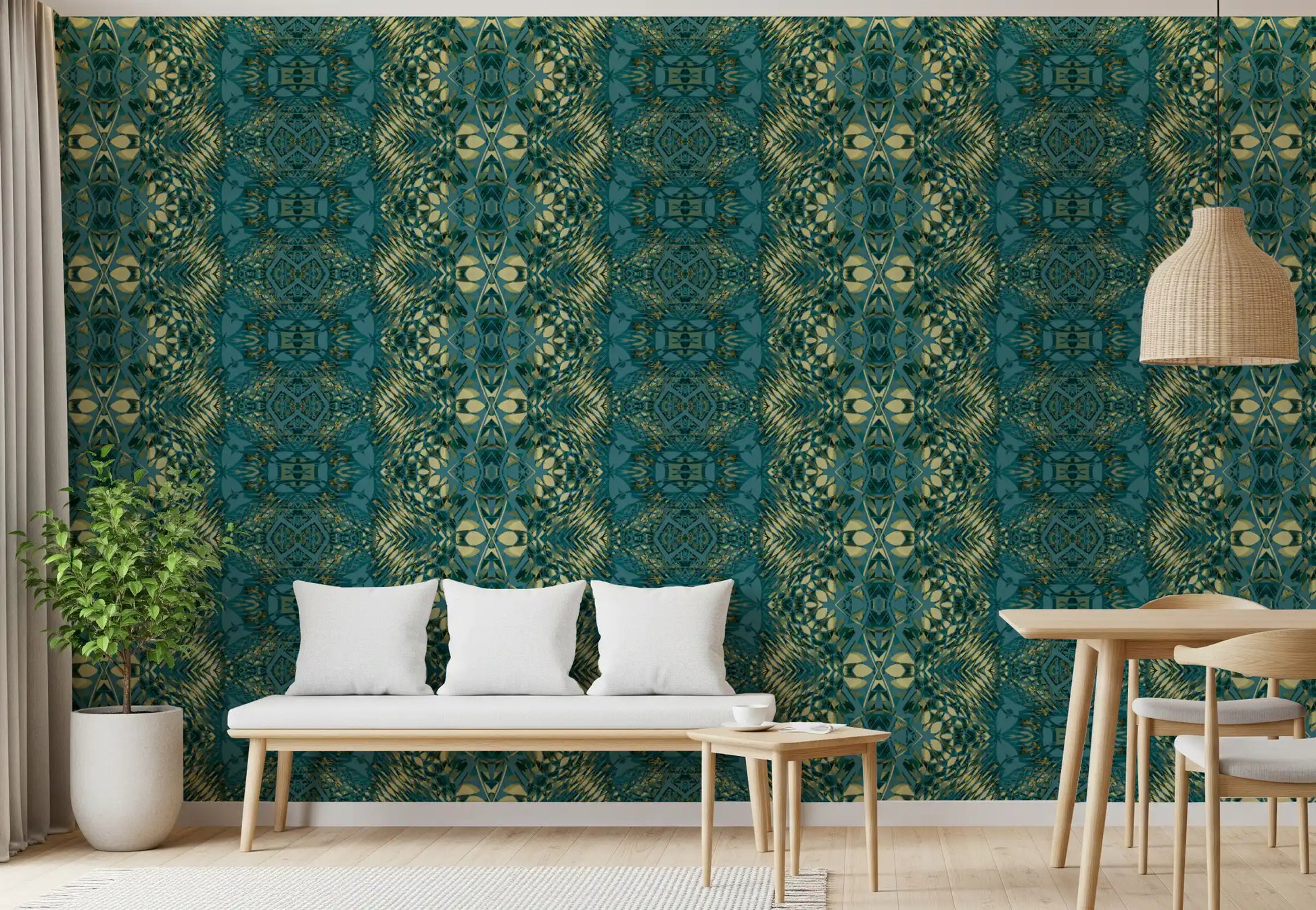 Abstract Ornamental Geometric Teal & Pale Yellow Lattice Wallpaper
