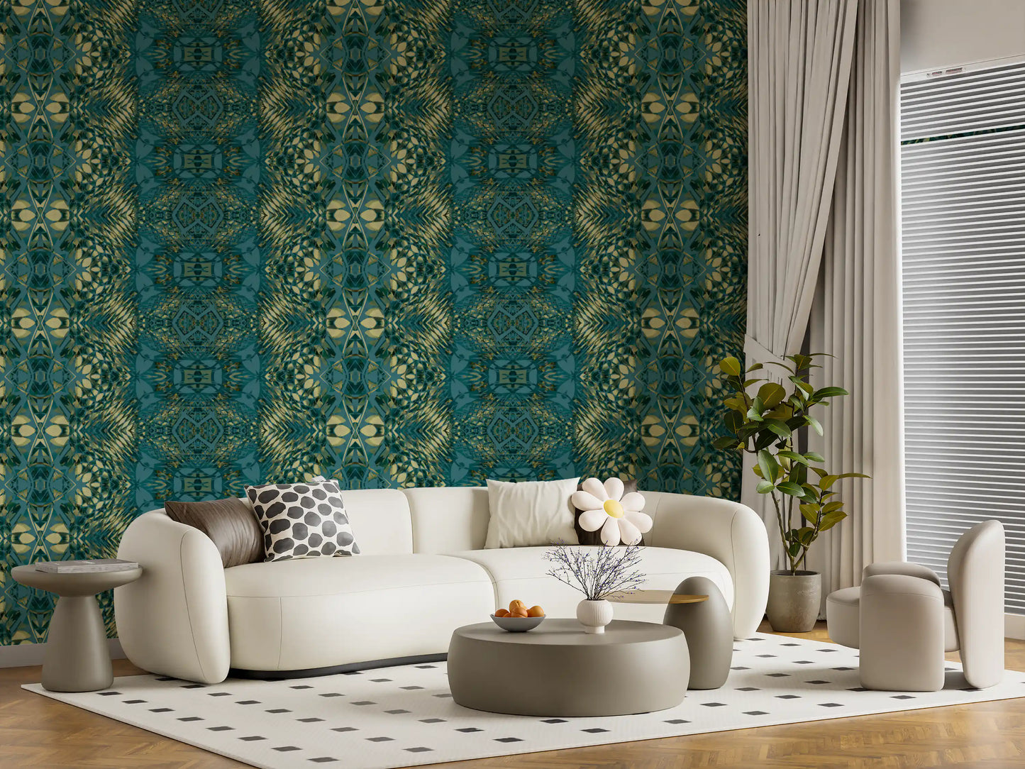 Abstract Ornamental Geometric Teal & Pale Yellow Lattice Wallpaper