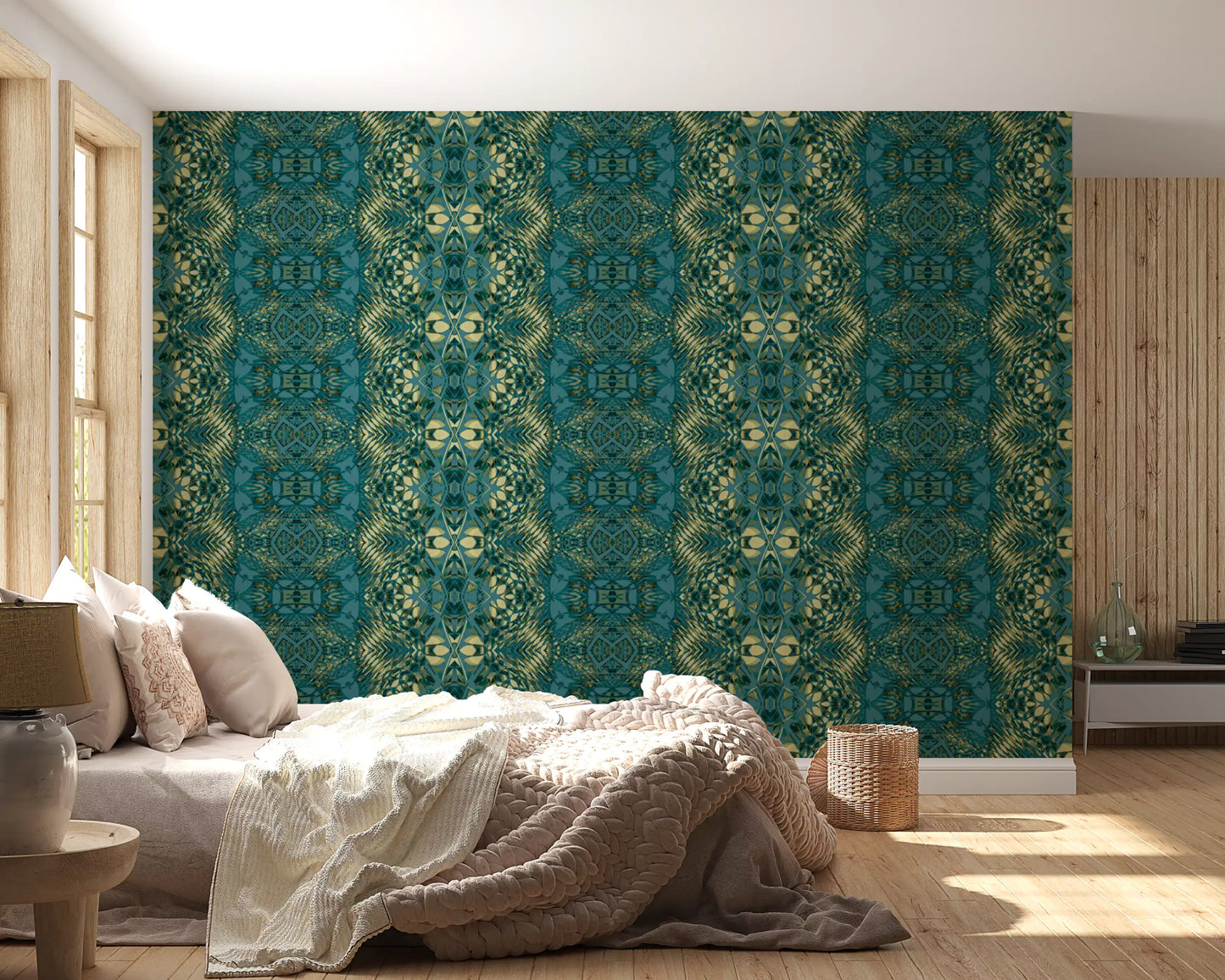 Abstract Ornamental Geometric Teal & Pale Yellow Lattice Wallpaper