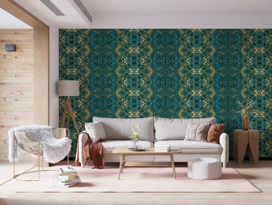 Teal & Pale Yellow Botanical Baroque - BELLAGIO Wallpaper