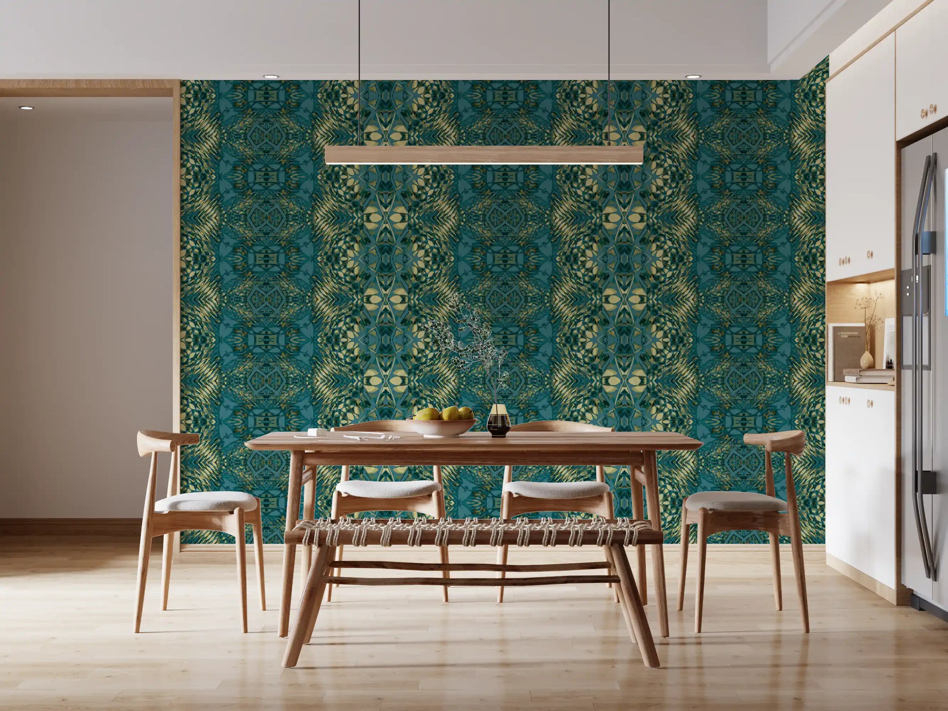 Abstract Ornamental Geometric Teal & Pale Yellow Lattice Wallpaper