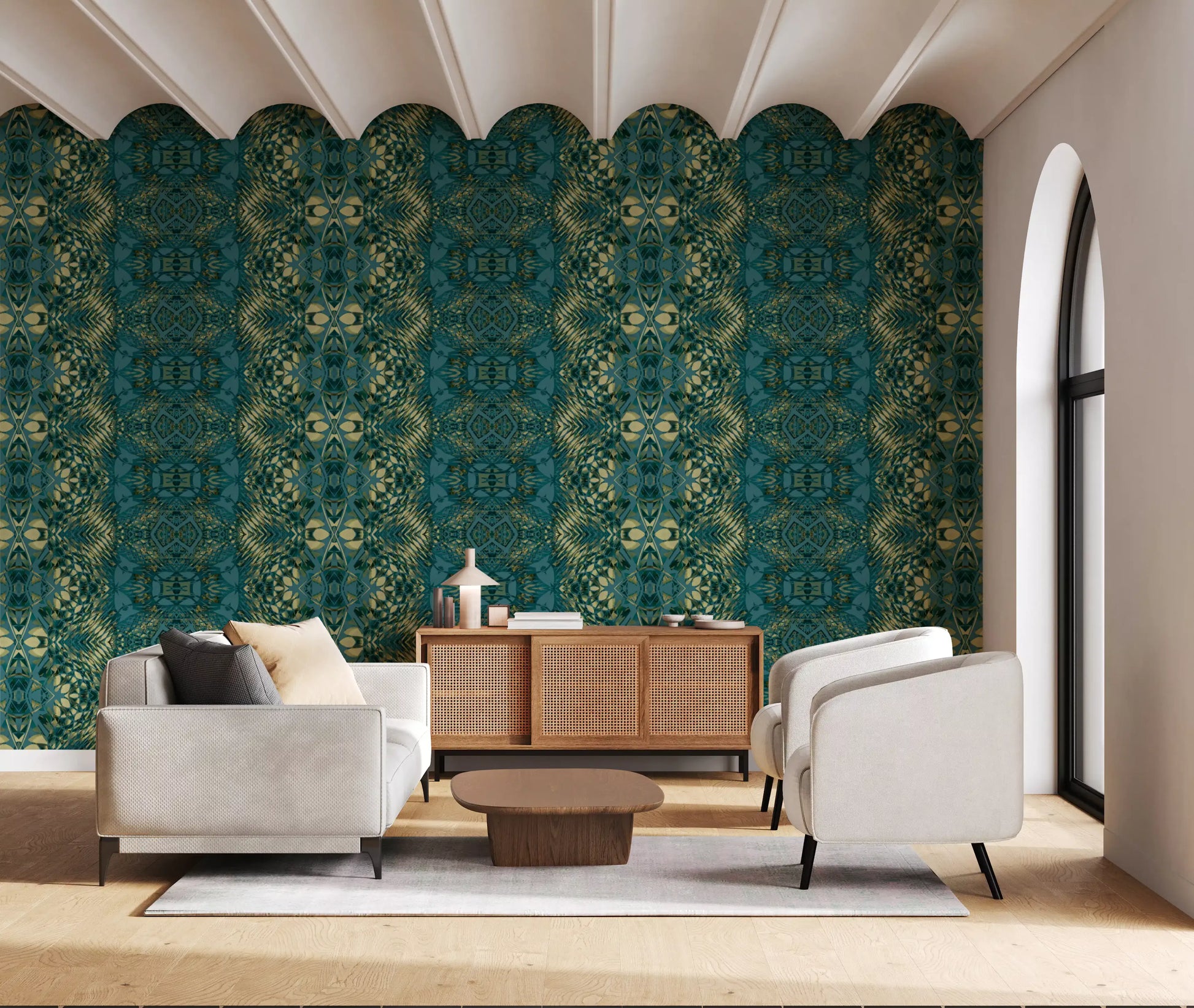 Abstract Ornamental Geometric Teal & Pale Yellow Lattice Wallpaper
