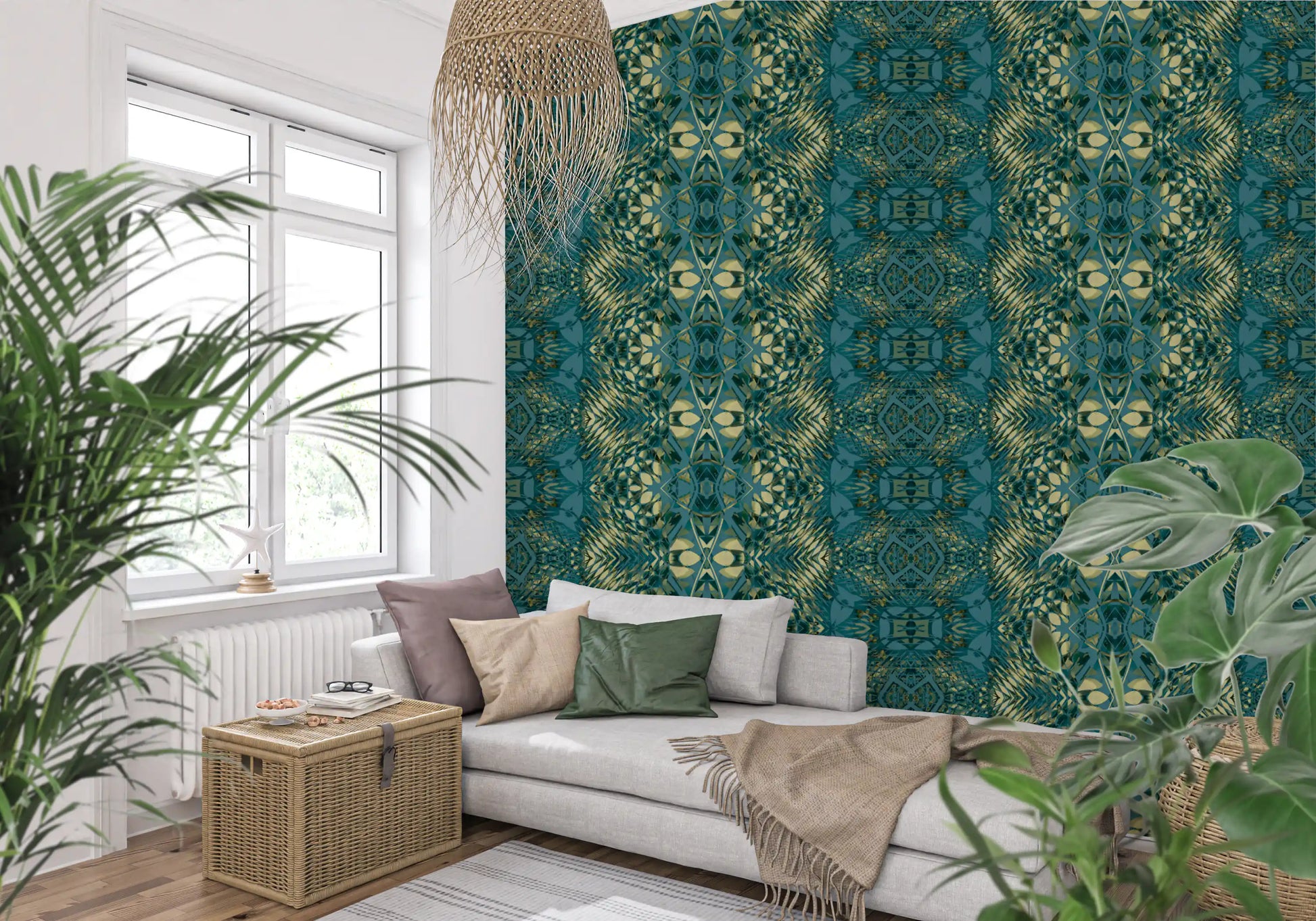 Abstract Ornamental Geometric Teal & Pale Yellow Lattice Wallpaper