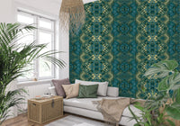 Abstract Ornamental Geometric Teal & Pale Yellow Lattice Wallpaper