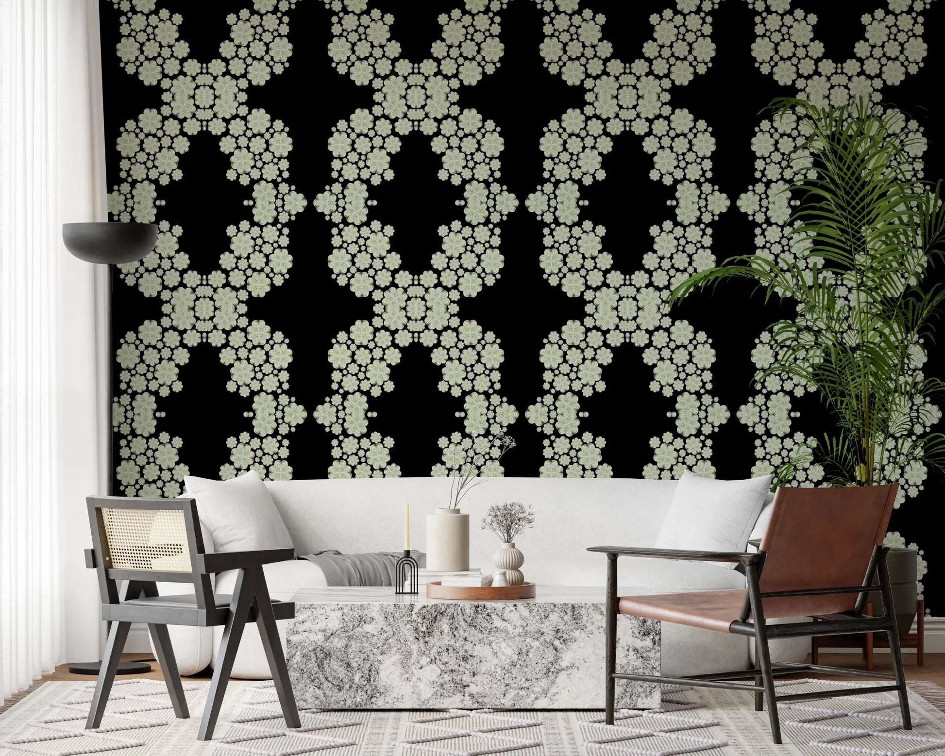 Ivory & Black Floral Vine Wallpaper