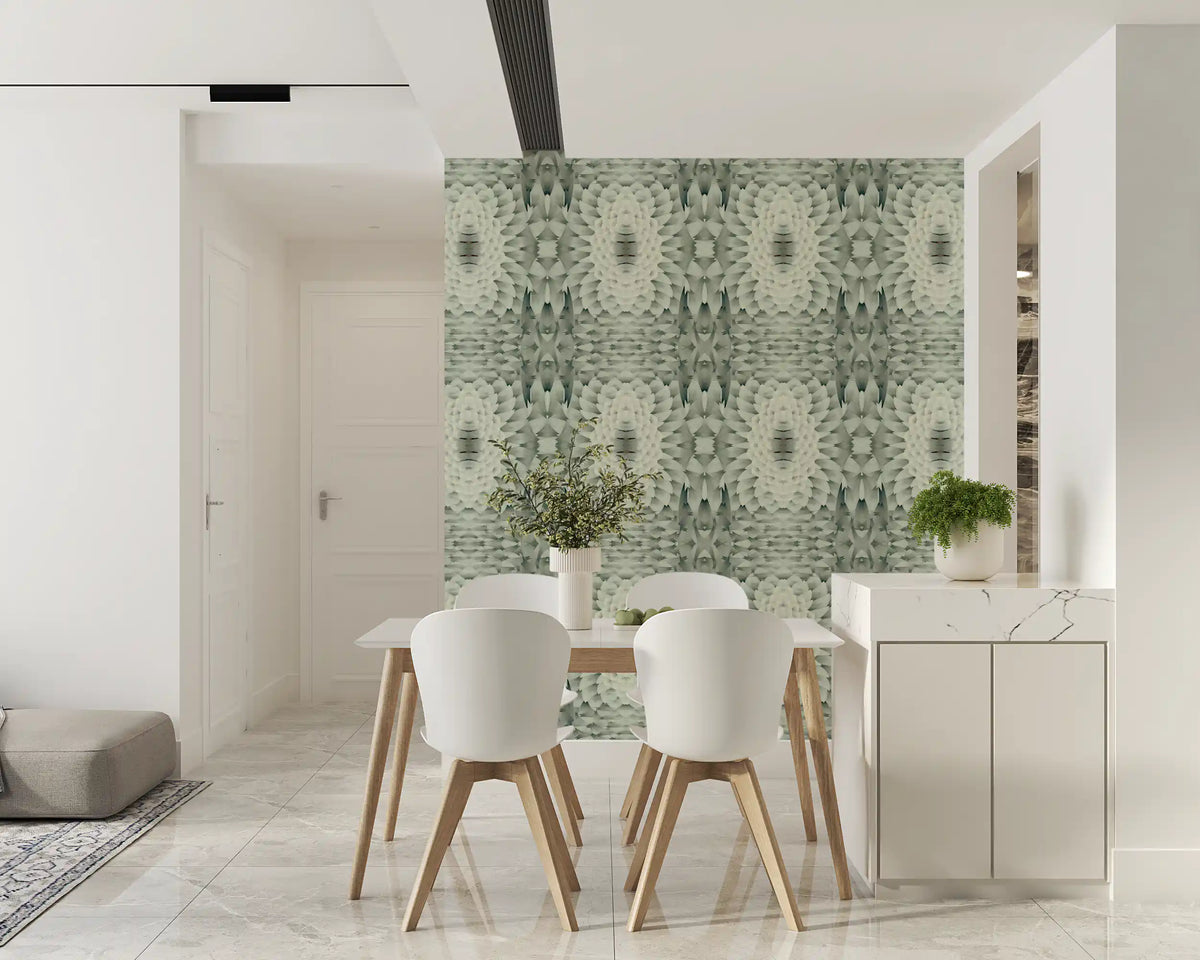 White gray geometric floral wallpaper with layered mirrored petals GD11487