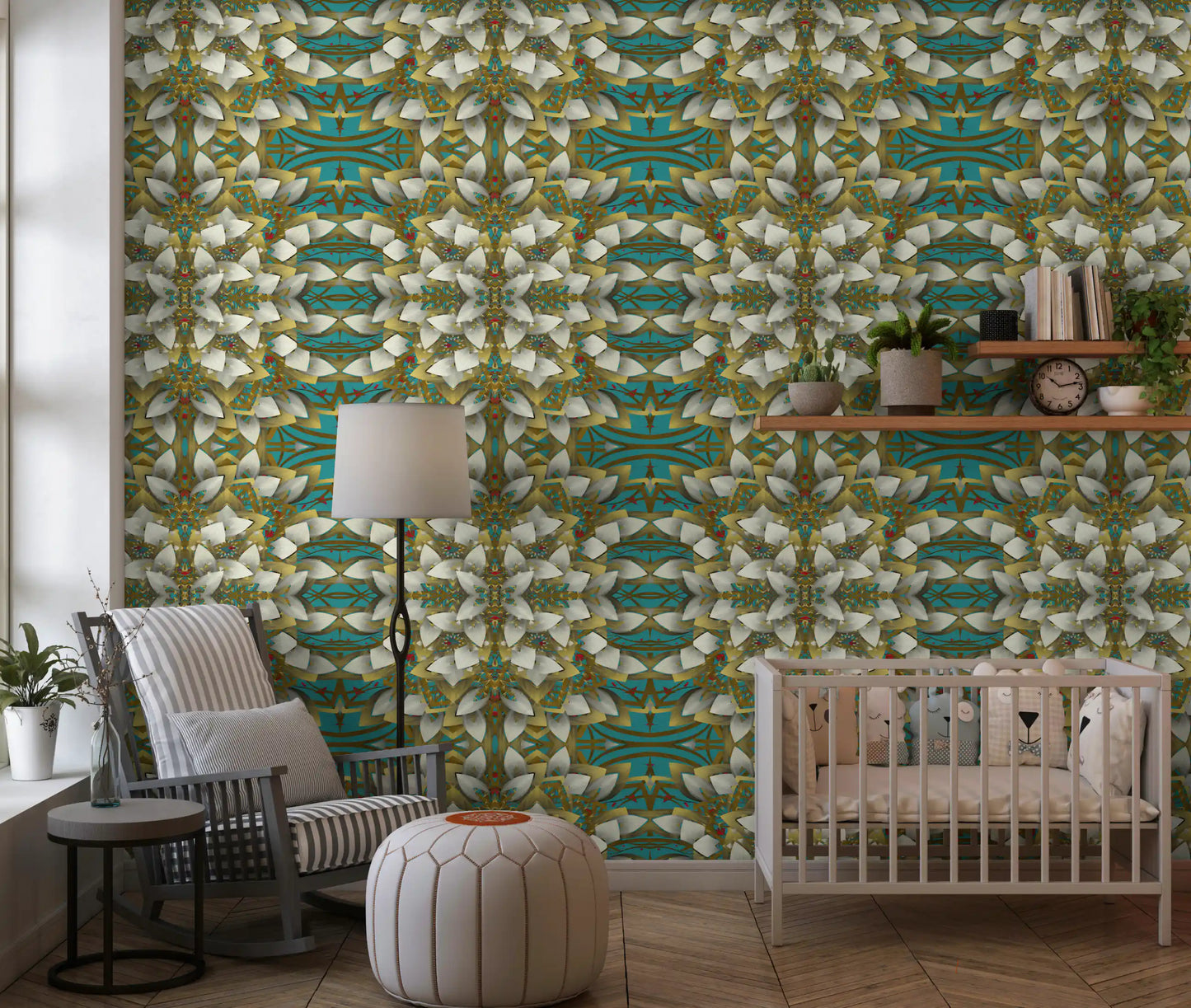 Teal & Gold Geometric Bloom Wallpaper - IKEBANA DESIGN Wallpaper⁠