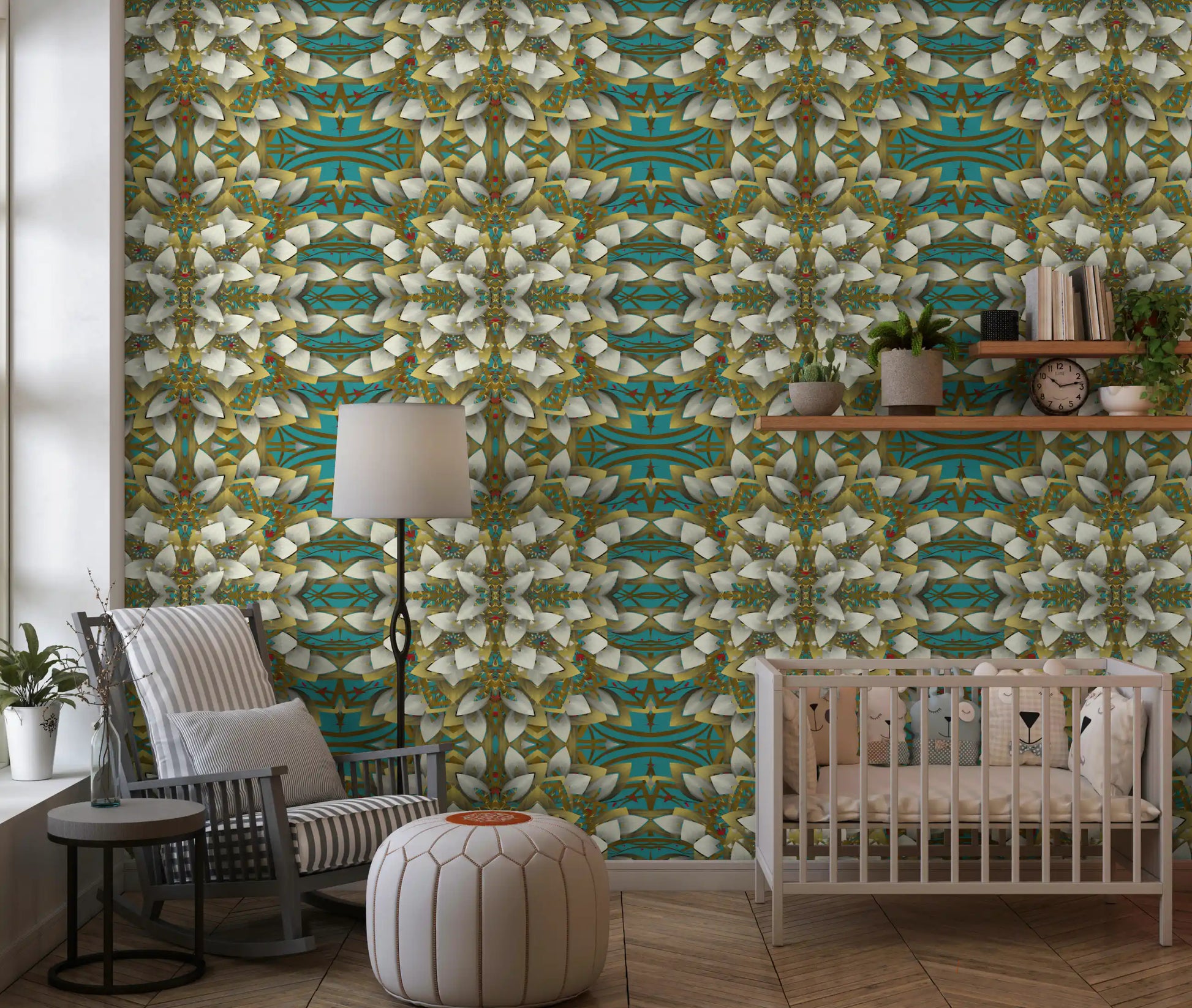 Teal & Gold Geometric Bloom Wallpaper - IKEBANA DESIGN Wallpaper⁠
