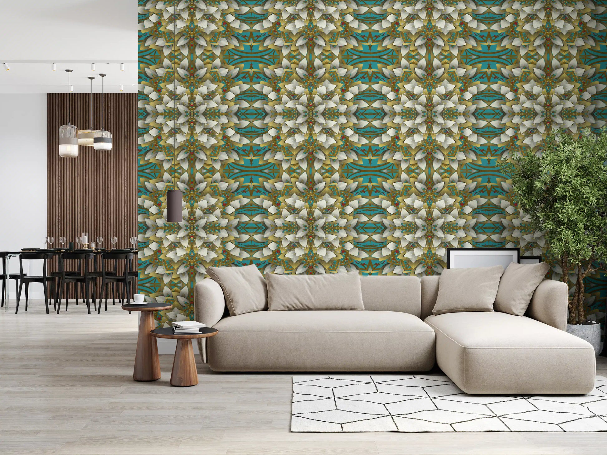 Teal & Gold Geometric Bloom Wallpaper - IKEBANA DESIGN Wallpaper⁠