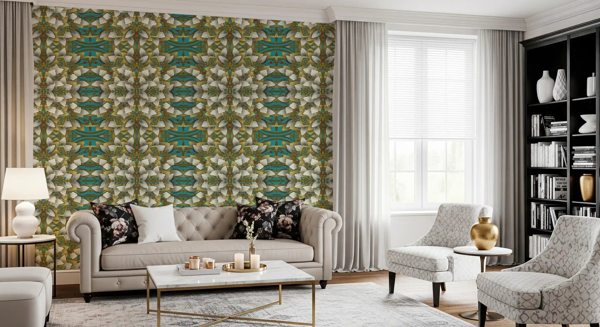 Teal & Gold Geometric Bloom Wallpaper - IKEBANA DESIGN Wallpaper⁠
