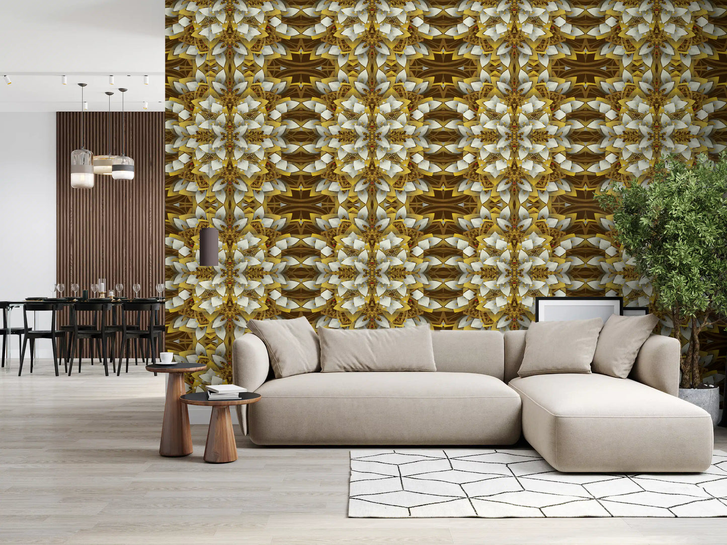 Brown and Gold Geometric Bloom Wallpaper - IKEBANA DESIGN Wallpaper⁠