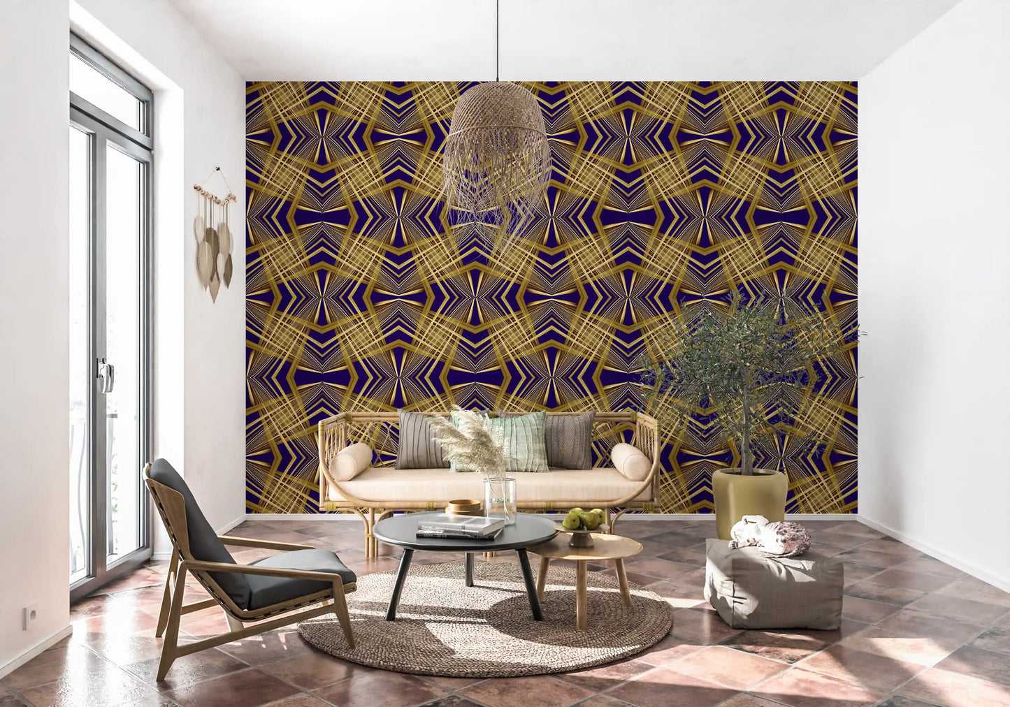 Indigo & Gold Geometric Art Deco Sunburst Laticce - OCTOBER Wallpaper