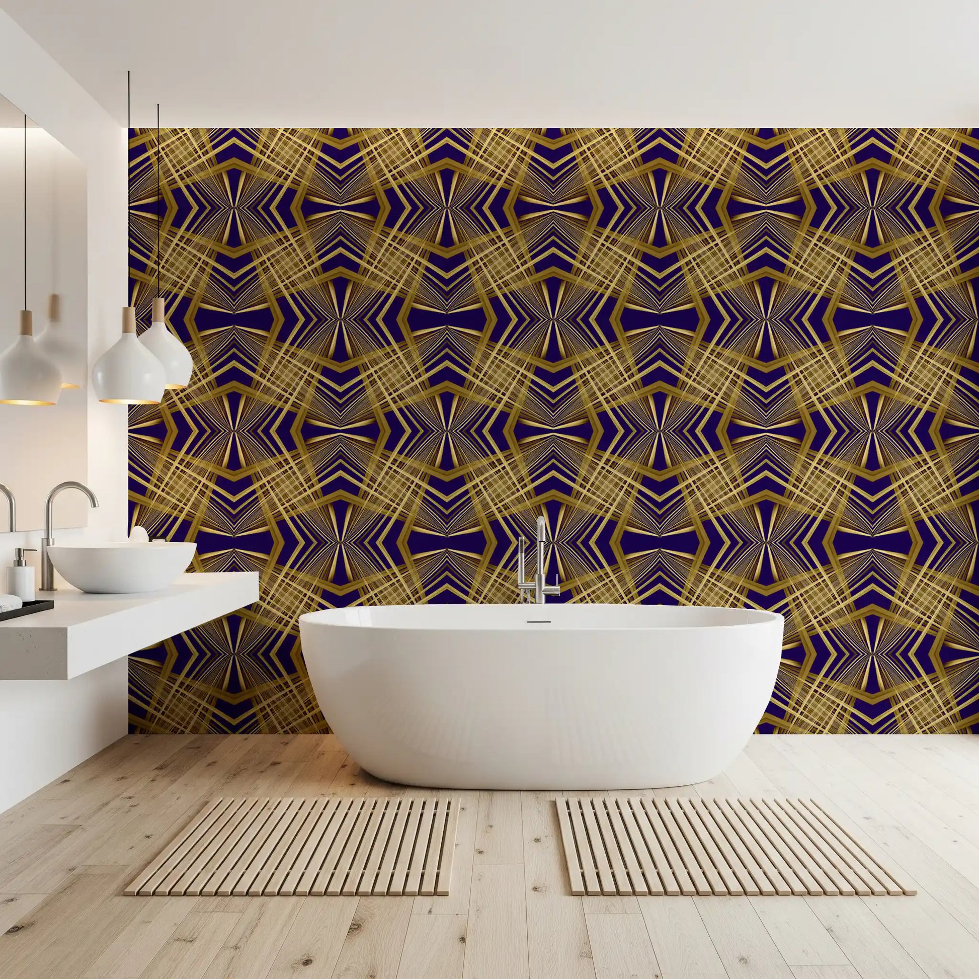 Indigo & Gold Geometric Art Deco Sunburst Laticce - OCTOBER Wallpaper