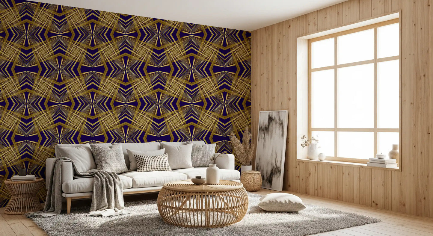 Indigo & Gold Geometric Art Deco Sunburst Laticce - OCTOBER Wallpaper
