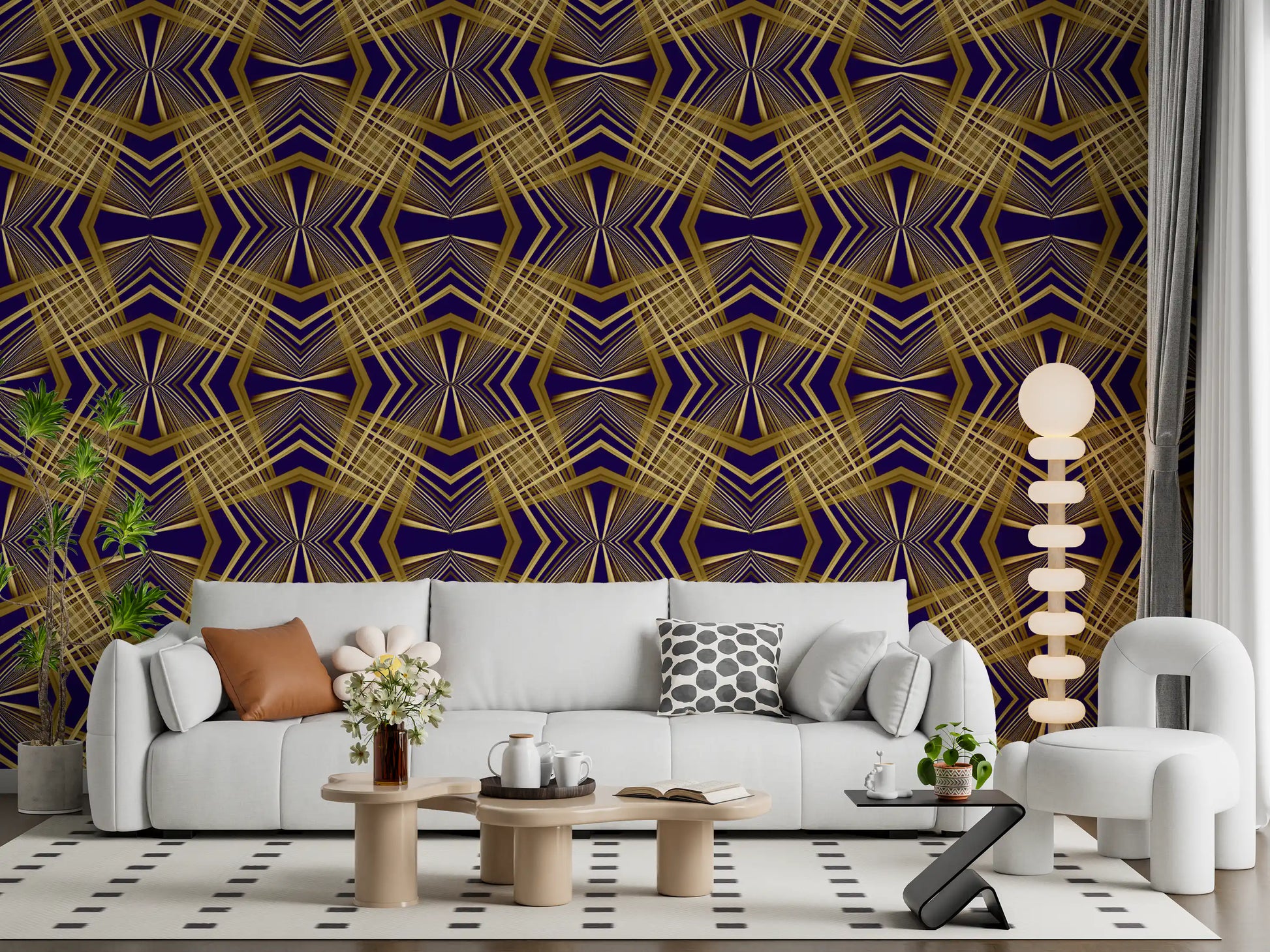 Indigo & Gold Geometric Art Deco Sunburst Laticce - OCTOBER Wallpaper