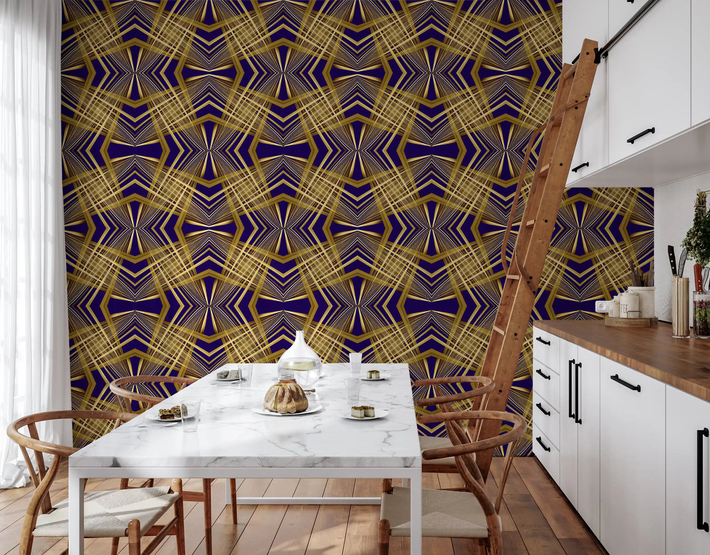 Indigo & Gold Geometric Art Deco Sunburst Laticce - OCTOBER Wallpaper