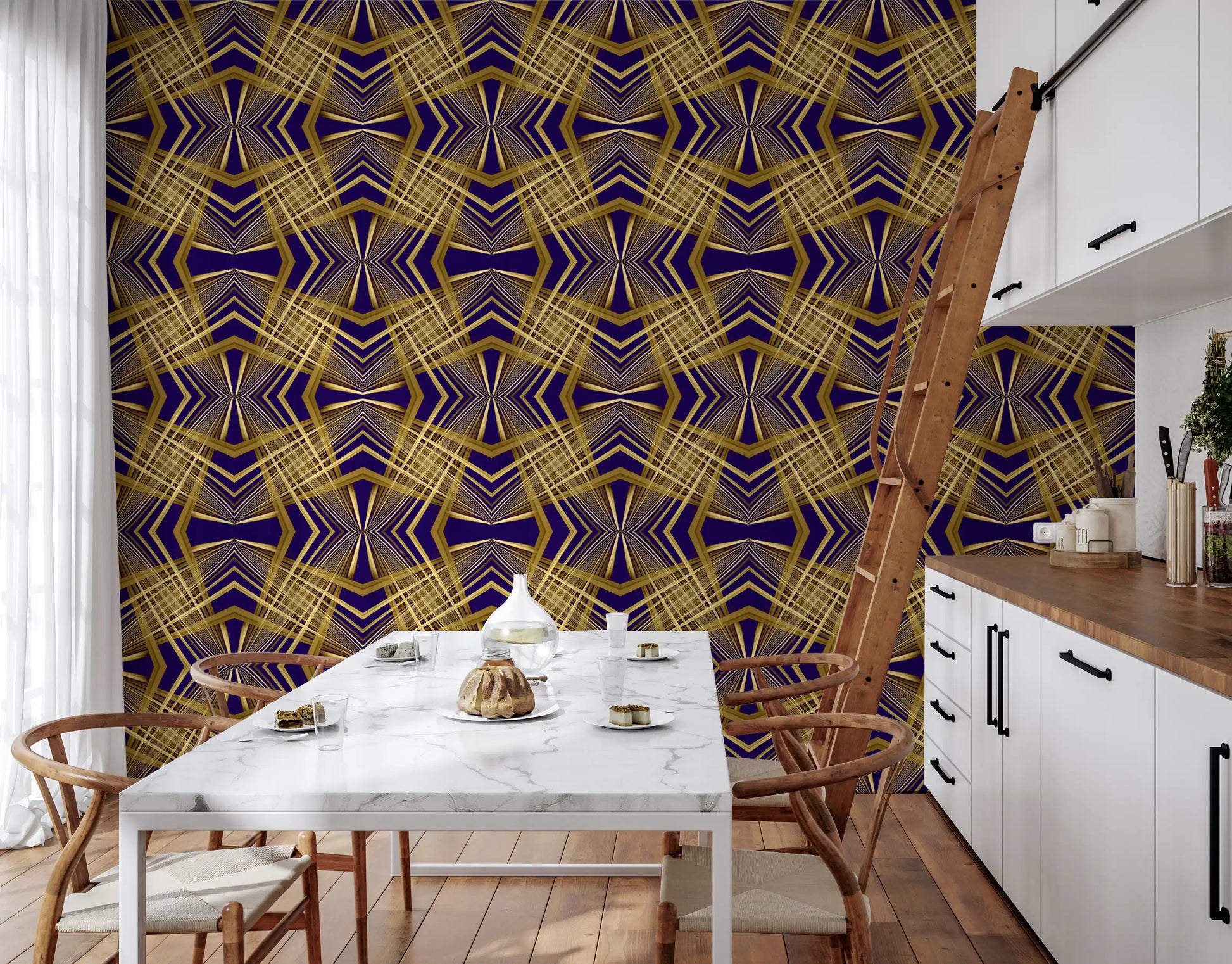 Indigo & Gold Geometric Art Deco Sunburst Laticce - OCTOBER Wallpaper