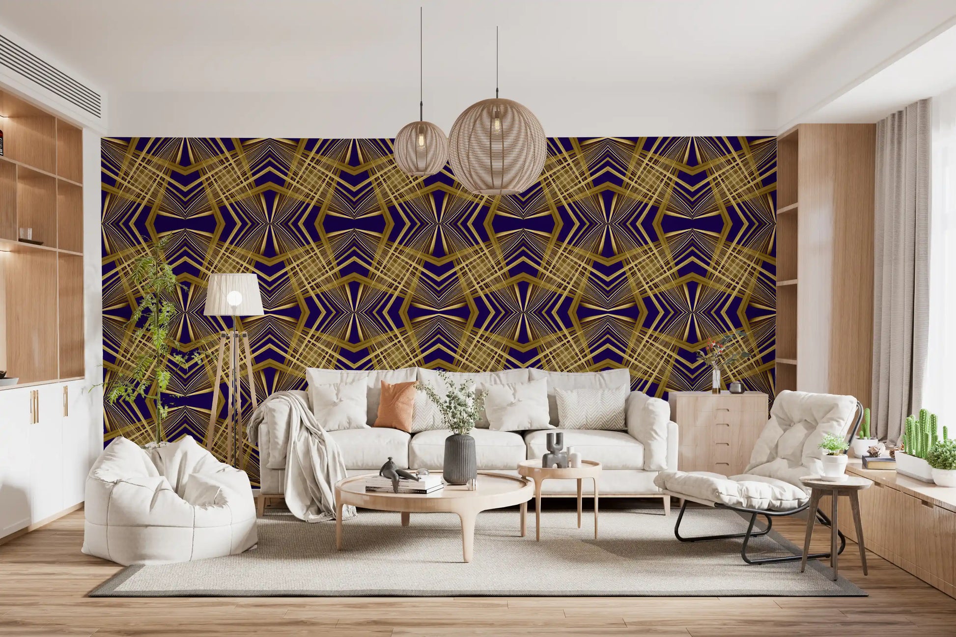 Indigo & Gold Geometric Art Deco Sunburst Laticce - OCTOBER Wallpaper