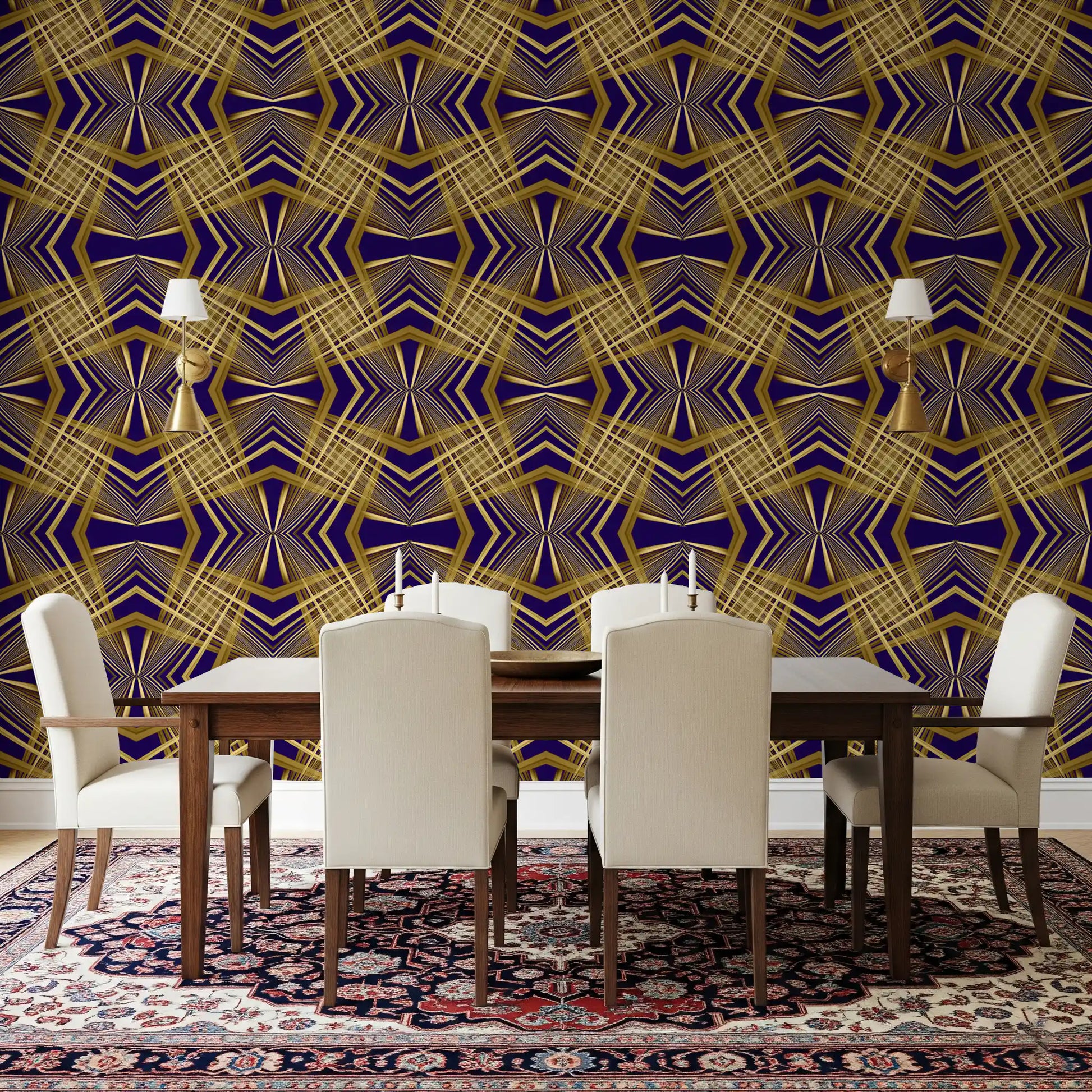 Indigo & Gold Geometric Art Deco Sunburst Laticce - OCTOBER Wallpaper