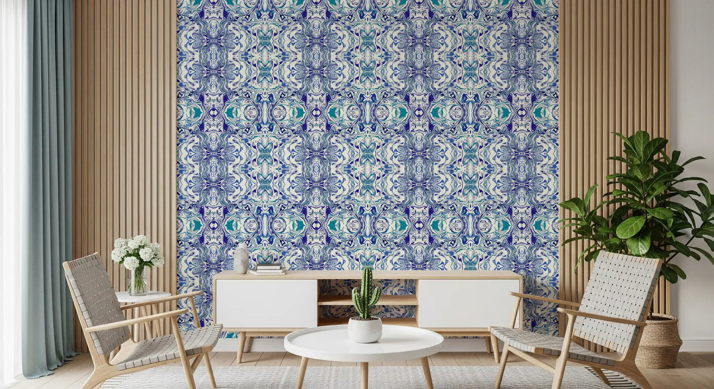 Blue & Teal Contemporary Ornamental Tile - ANDORRA Wallpaper