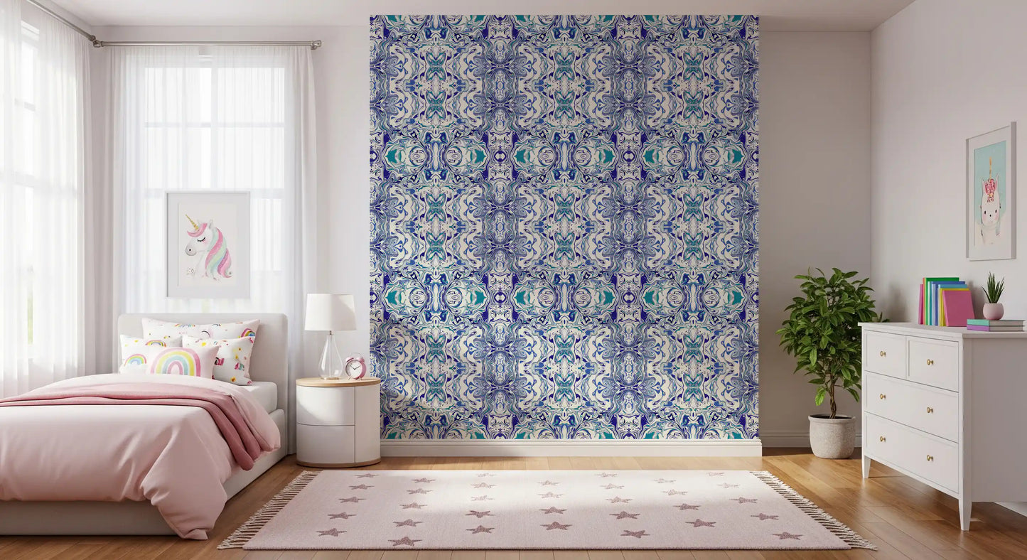 Blue & Teal Contemporary Ornamental Tile - ANDORRA Wallpaper