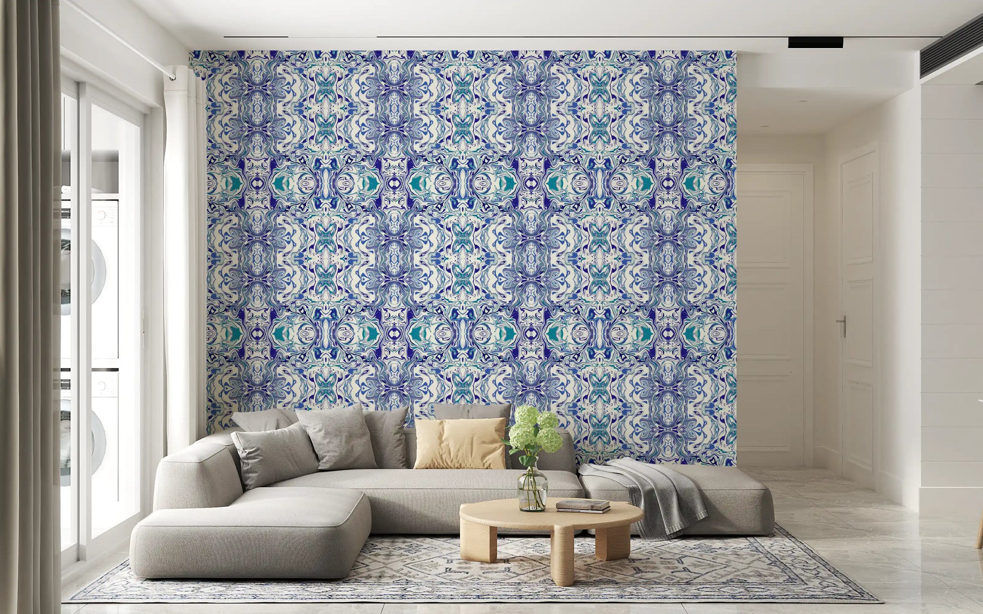 Blue & Teal Contemporary Ornamental Tile - ANDORRA Wallpaper