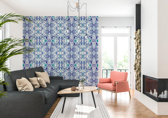 Blue and teal contemporary ornamental tile wallpaper with mirrored marbled swirls GD11494