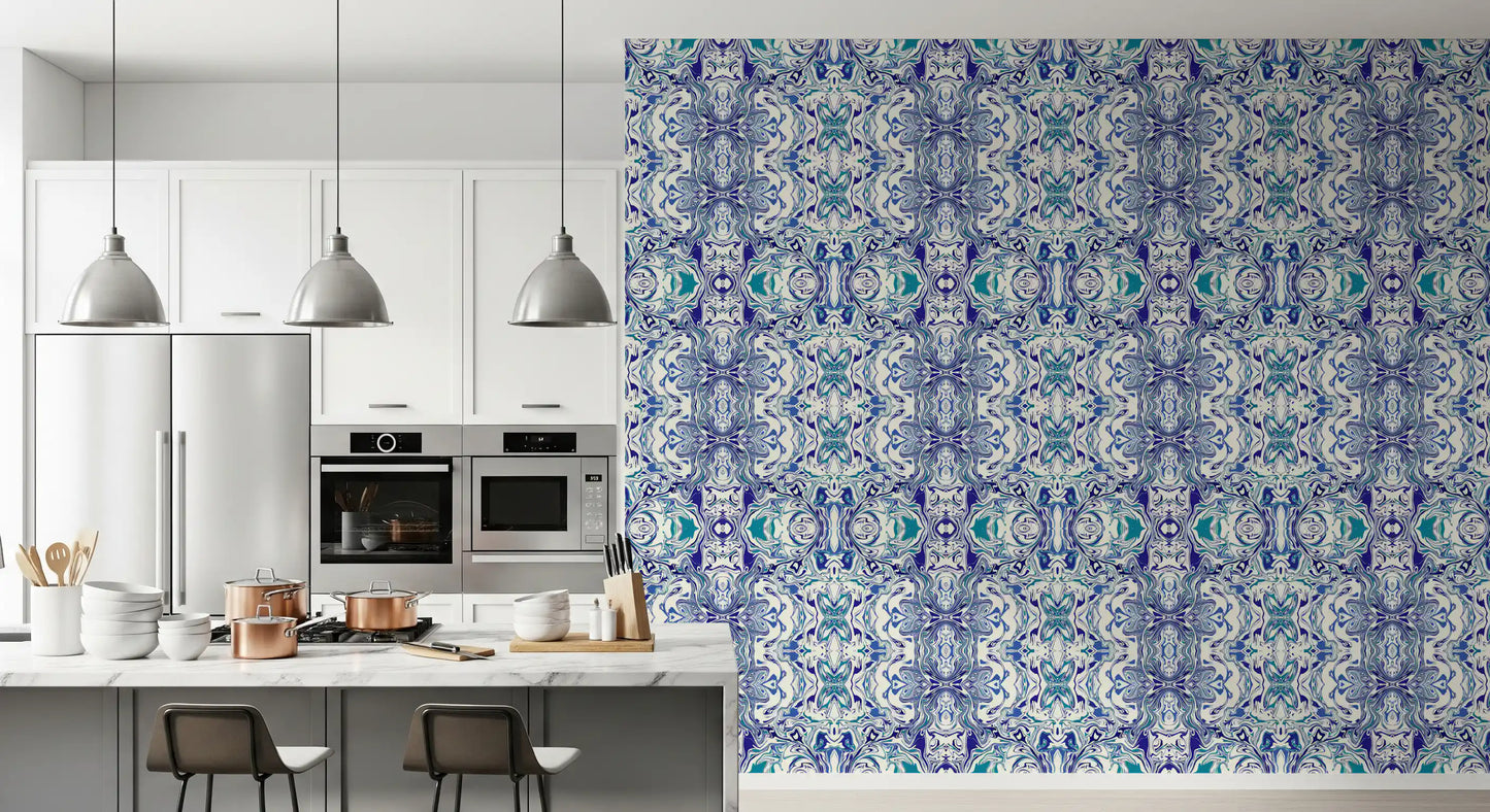 Blue & Teal Contemporary Ornamental Tile - ANDORRA Wallpaper
