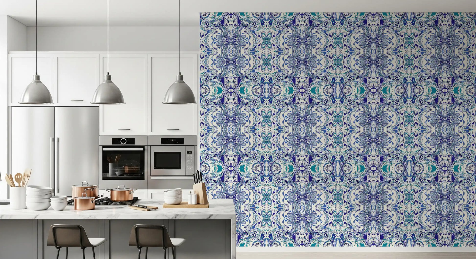 Blue & Teal Contemporary Ornamental Tile - ANDORRA Wallpaper