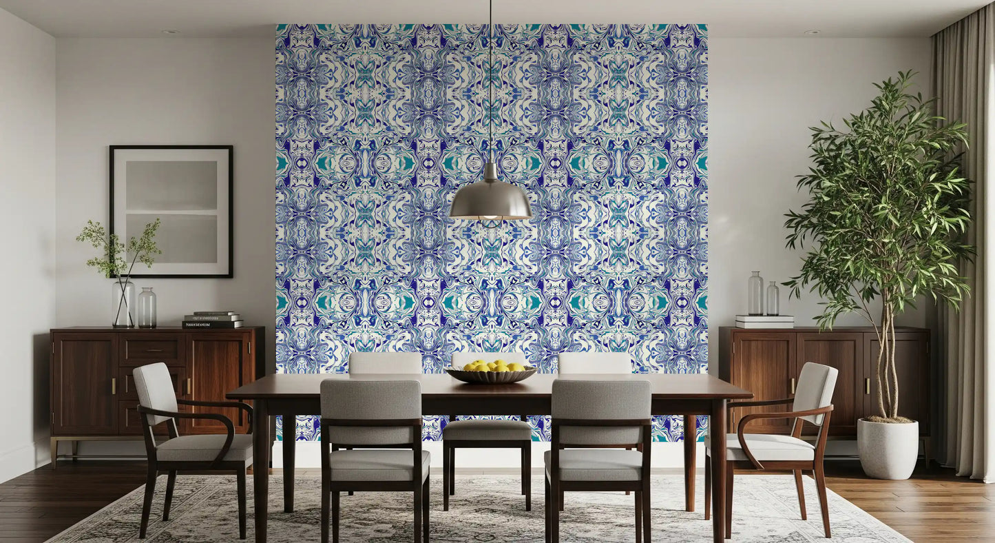 Blue & Teal Contemporary Ornamental Tile - ANDORRA Wallpaper