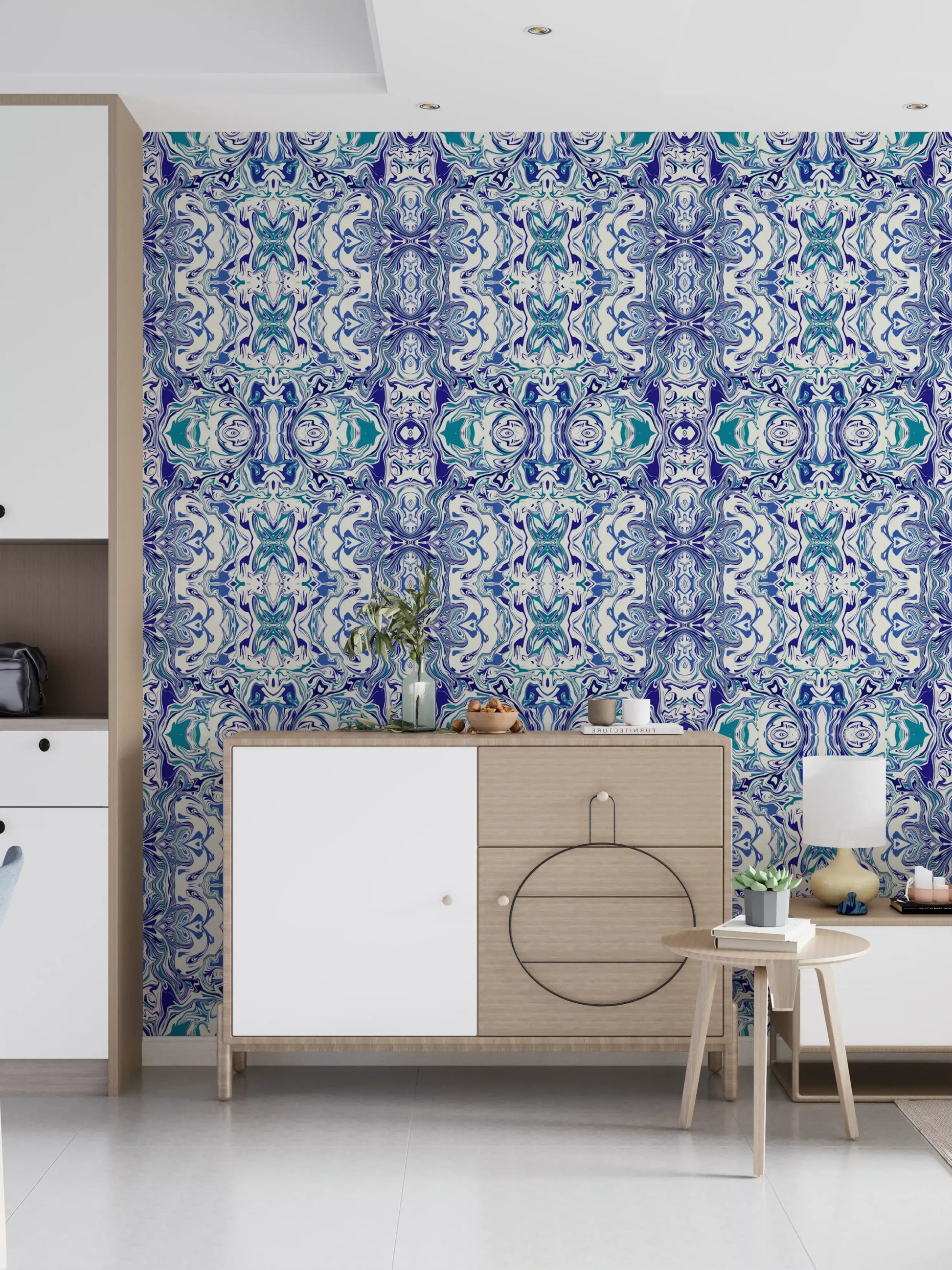 Blue & Teal Contemporary Ornamental Tile - ANDORRA Wallpaper