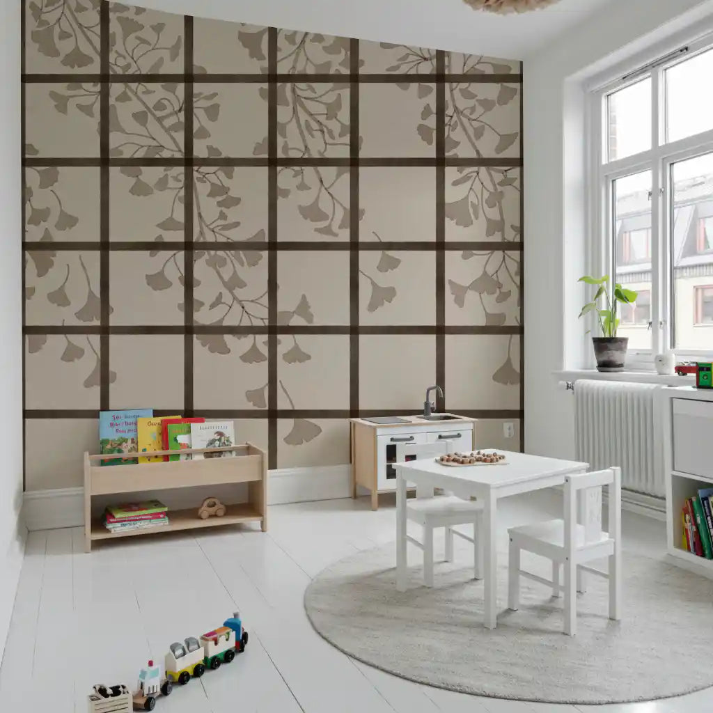 Dark timber lattice dividing a taupe ginkgo mural into even panes GD11495