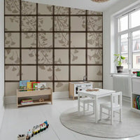 Dark timber lattice dividing a taupe ginkgo mural into even panes GD11495
