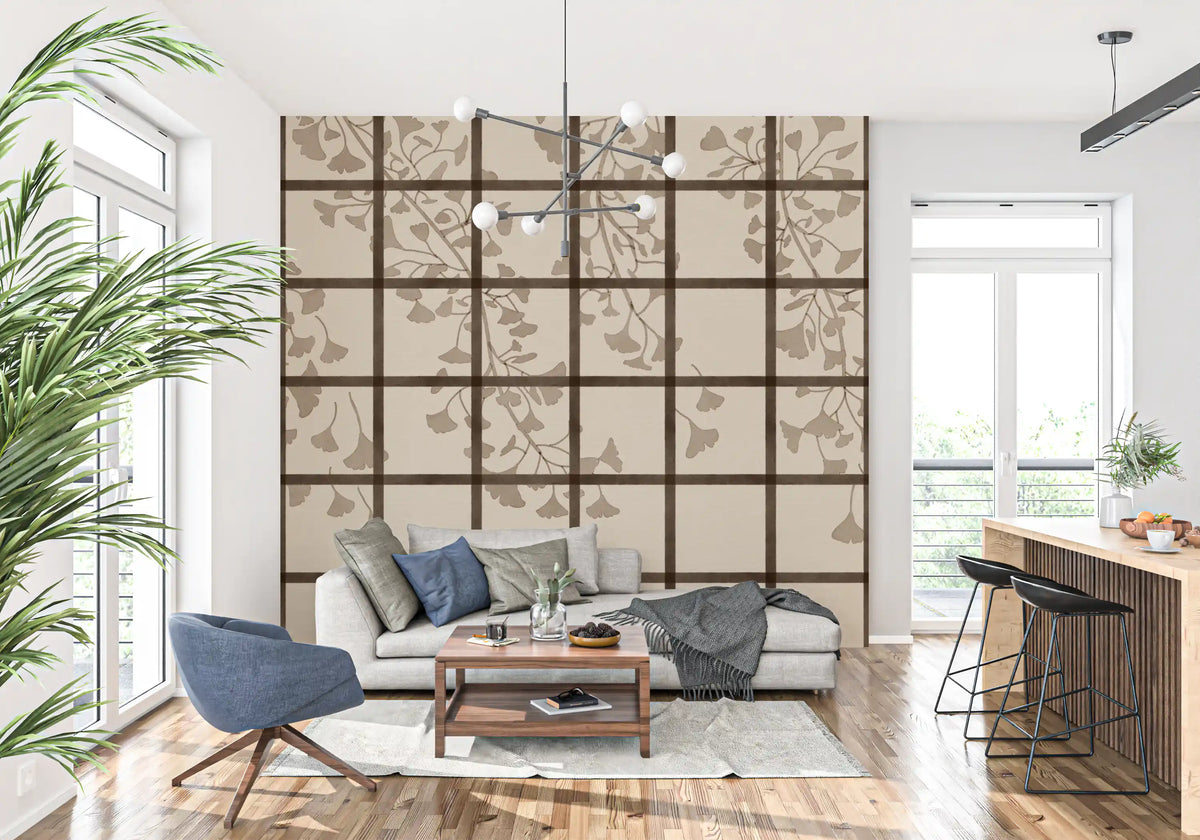 Taupe ginkgo branches draping across an ordered shoji screen mural grid GD11495