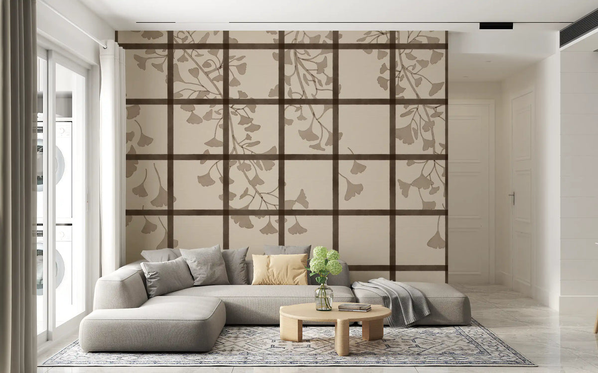 Soft low-contrast ginkgo mural with slender branches and delicate leaves GD11495