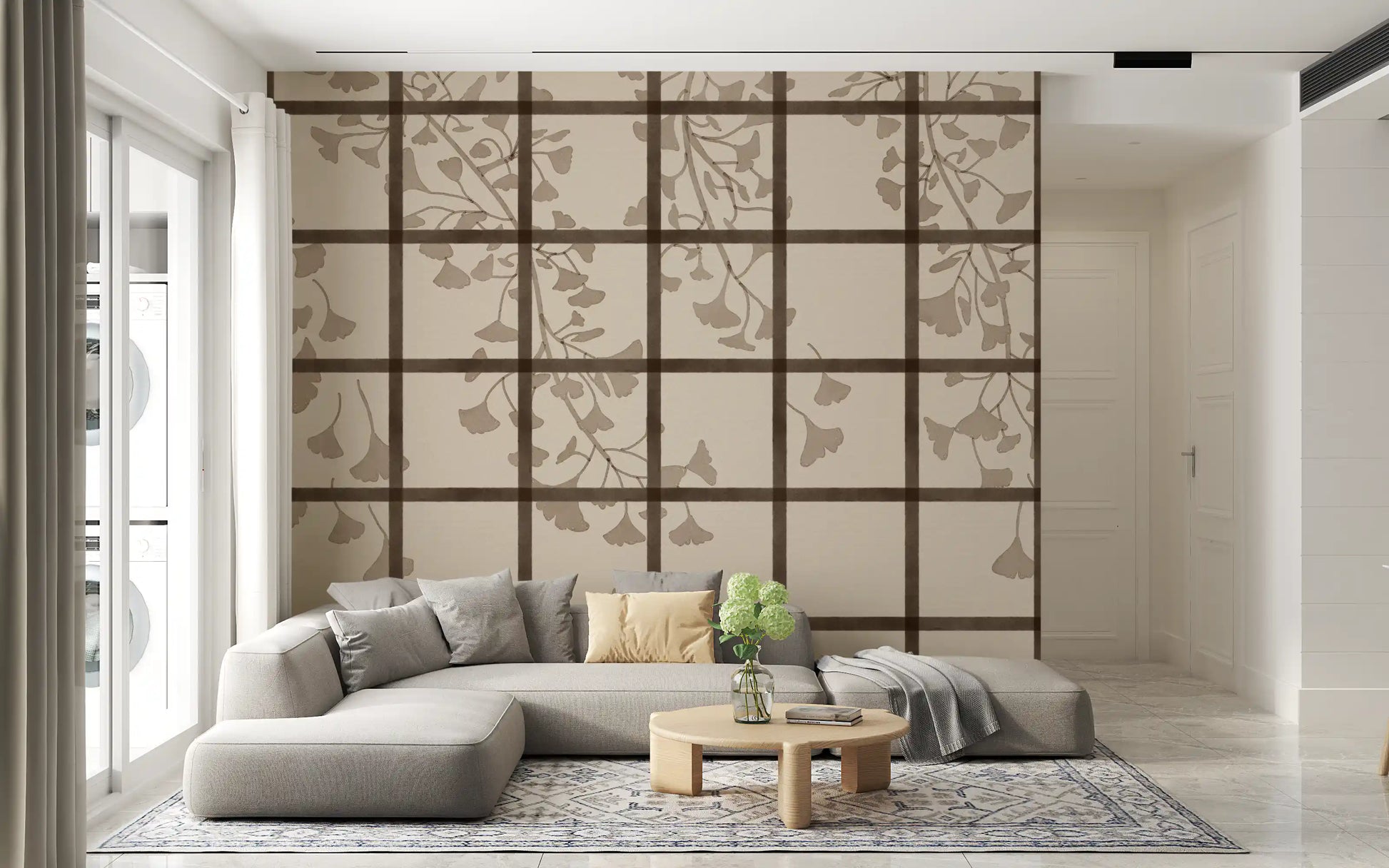 Soft low-contrast ginkgo mural with slender branches and delicate leaves GD11495