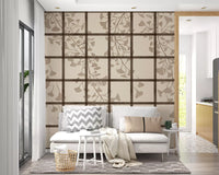 Neutral ginkgo and shoji screen wall mural in taupe, brown and cream GD11495