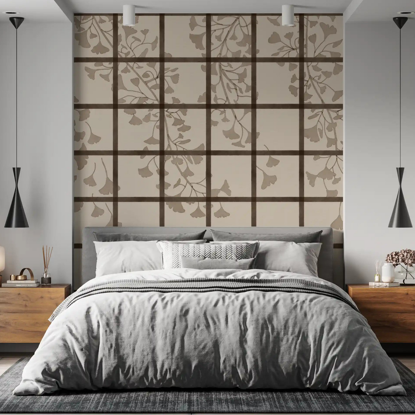 Fan-shaped ginkgo foliage over a cream shoji screen mural with dark lattice GD11495